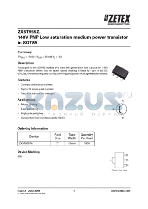 ZX5T955TA datasheet - 140V PNP Low saturation medium power transistor in SOT89
