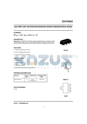 ZX5T955ZTA datasheet - 140V PNP LOW SATURATION MEDIUM POWER TRANSISTOR IN SOT89
