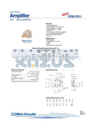 ZX60-3011 datasheet - Low Noise Amplifier 50 400 to 3000 MHz