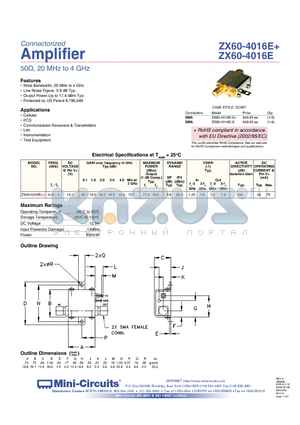 ZX60-4016E+ datasheet - Connectorized Amplifier 50Y, 20 MHz to 4 GHz