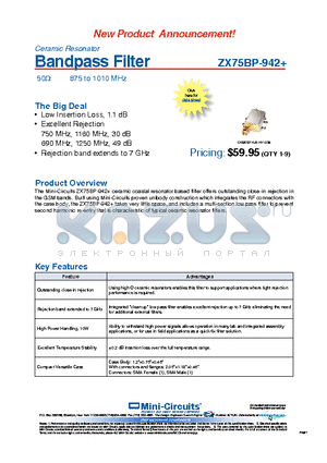 ZX75BP-942 datasheet - Bandpass Filter