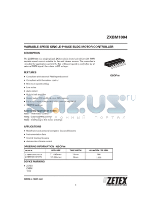 ZXBM1004Q16TA datasheet - VARIABLE SPEED SINGLE-PHASE BLDC MOTOR CONTROLLER