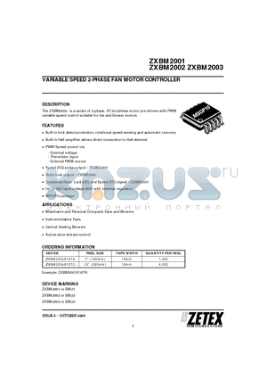 ZXBM2001_04 datasheet - VARIABLE SPEED 2-PHASE FAN MOTOR CONTROLLER