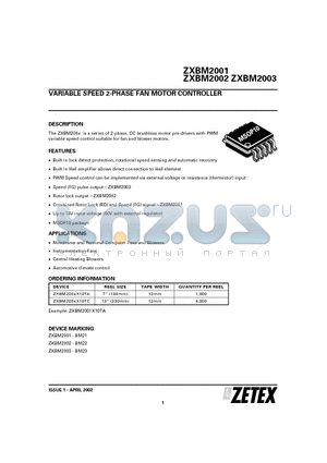 ZXBM2002 datasheet - VARIABLE SPEED 2-PHASE FAN MOTOR CONTROLLER