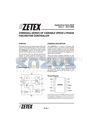 ZXBM2002 datasheet - VARIABLE SPEED 2-PHASE FAN MOTOR CONTROLLER