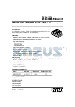 ZXBM2001 datasheet - VARIABLE SPEED 2-PHASE FAN MOTOR CONTROLLER