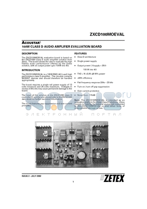 ZXCD100MOEVAL datasheet - 100W CLASS D AUDIO AMPLIFIER EVALUATION BOARD