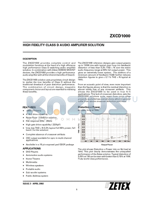 ZXCD1000 datasheet - HIGH FIDELITY CLASS D AUDIO AMPLIFIER SOLUTION