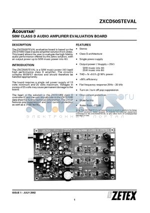 ZXCD50STEVAL datasheet - 50W CLASS D AUDIO AMPLIFIER EVALUATION BOARD