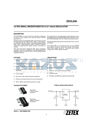 ZXCL200 datasheet - ULTRA SMALL MICROPOWER SC70 2V 100mA REGULATOR