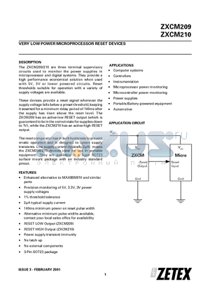 ZXCM209 datasheet - VERY LOW POWER MICROPROCESSOR RESET DEVICES