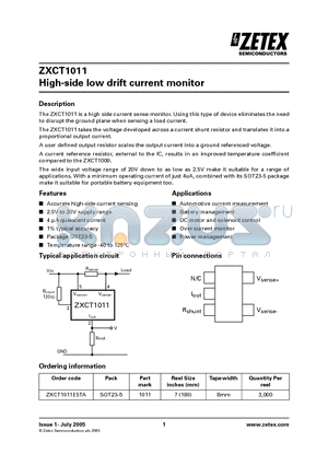 ZXCT1011E5TA datasheet - High-side low drift current monitor