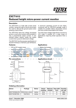 ZXCT1012DAATA datasheet - Reduced height micro-power current monitor