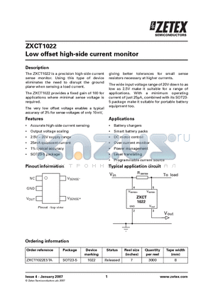 ZXCT1022 datasheet - Low offset high-side current monitor
