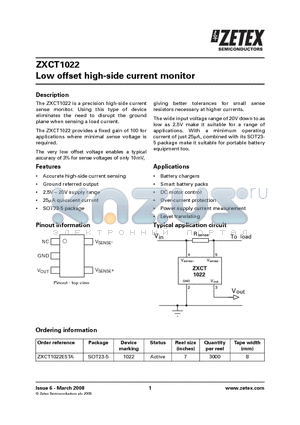 ZXCT1022 datasheet - Low offset high-side current monitor