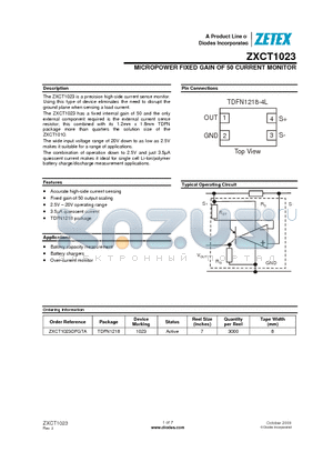 ZXCT1023_0910 datasheet - MICROPOWER FIXED GAIN OF 50 CURRENT MONITOR