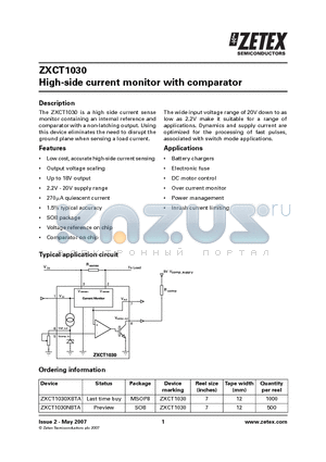 ZXCT1030 datasheet - High-side current monitor with comparator