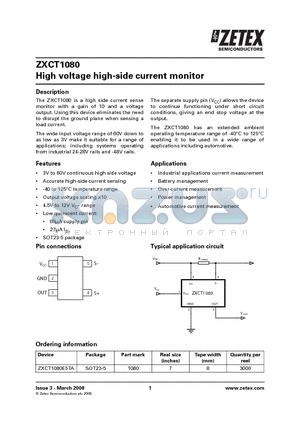 ZXCT1080 datasheet - High voltage high-side current monitor