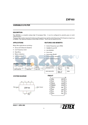 ZXF103Q16 datasheet - VARIABLE Q FILTER