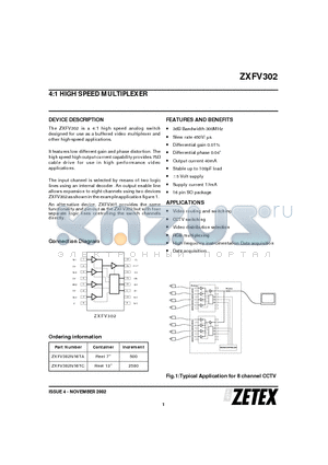 ZXFV302 datasheet - 4:1 HIGH SPEED MULTIPLEXER