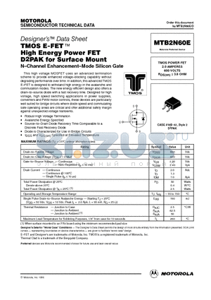 MTB2N60E datasheet - TMOS POWER FET 2.0 AMPERES 600 VOLTS