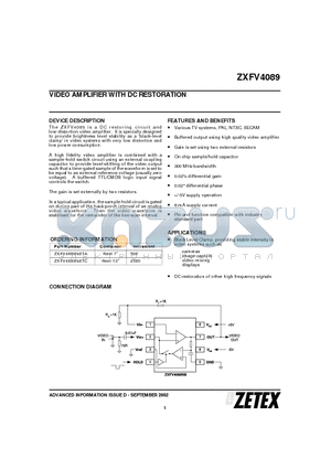 ZXFV4089 datasheet - VIDEO AMPLIFIER WITH DC RESTORATION