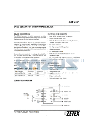 ZXFV401 datasheet - SYNC SEPARATOR WITH VARIABLE FILTER