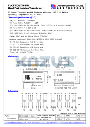 LT-4000S datasheet - T1/CEPT/ISDN-PR1 Quad Port Isolation Tranformer