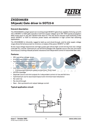 ZXGD3002E6 datasheet - 9A(peak) Gate driver in SOT23-6