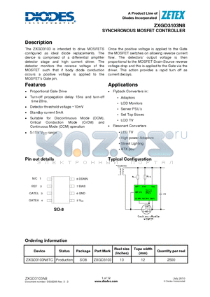 ZXGD3103N8 datasheet - SYNCHRONOUS MOSFET CONTROLLER