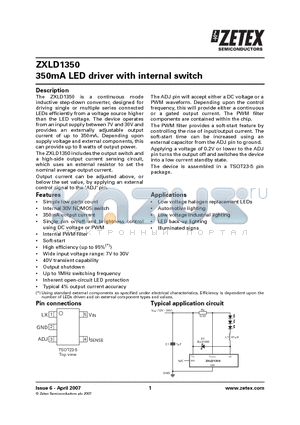 ZXLD1350ET5TA datasheet - 350mA LED driver with internal switch