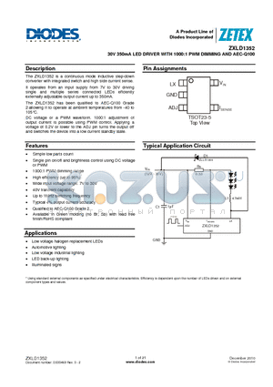 ZXLD1352 datasheet - 30V 350mA LED DRIVER WITH 1000:1 PWM DIMMING AND AEC-Q100
