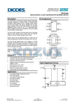 ZXLD1366 datasheet - HIGH ACCURACY 1A, 60V LED DRIVER WITH INTERNAL SWITCH