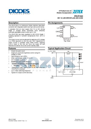 ZXLD1360 datasheet - 30V 1A LED DRIVER with AEC-Q100