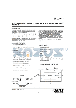 ZXLD1615 datasheet - ADJUSTABLE DC-DC BOOST CONVERTER WITH INTERNAL SWITCH IN TSOT23-5