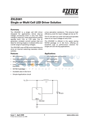 ZXLD381 datasheet - Single or Multi Cell LED Driver Solution