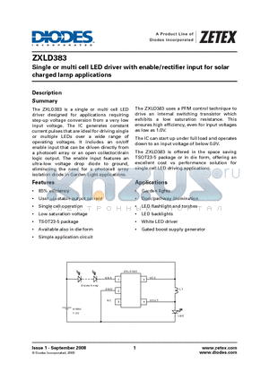 ZXLD383ET5TA datasheet - Single or multi cell LED driver with enable/rectifier input for solar charged lamp applications