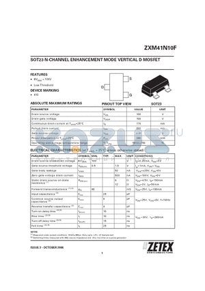 ZXM41N10F datasheet - SOT23 N-CHANNEL ENHANCEMENT MODE VERTICAL D MOSFET