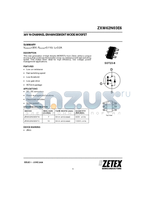 ZXM62N03E6TA datasheet - 30V N-CHANNEL ENHANCEMENTMODEMOSFET