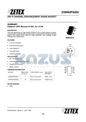 ZXM62P02E6TA datasheet - 20V P-CHANNEL ENHANCEMENT MODE MOSFET