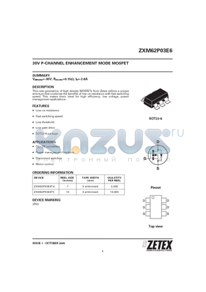 ZXM62P03E6TA datasheet - 30V P-CHANNEL ENHANCEMENT MODE MOSFET