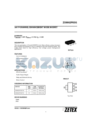 ZXM62P03G datasheet - 30V P-CHANNEL ENHANCEMENT MODE MOSFET