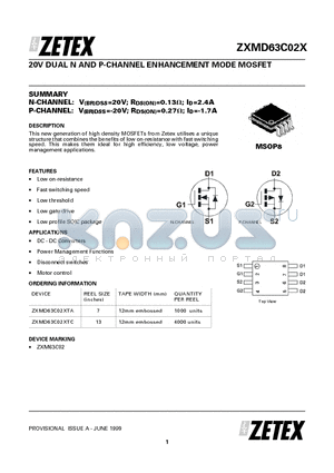 ZXM63C02 datasheet - 20V Dual N and P-Channel Enhancement Mode Mosfet