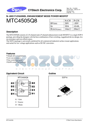 MTC4505Q8 datasheet - N- AND P-CHANNEL ENHANCEMENT MODE POWER MOSFET