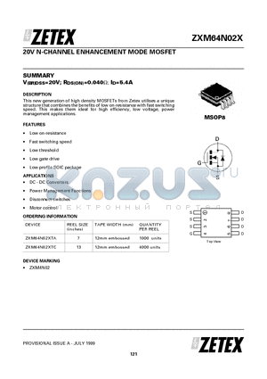 ZXM64N02XTA datasheet - 20V N-CHANNEL ENHANCEMENT MODE MOSFET