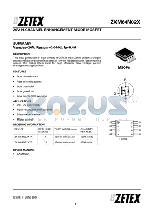 ZXM64N02XTA datasheet - 20V N-CHANNEL ENHANCEMENT MODE MOSFET