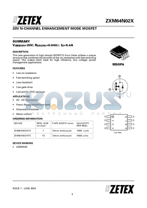 ZXM64N02X datasheet - 20V N-CHANNEL ENHANCEMENT MODE MOSFET