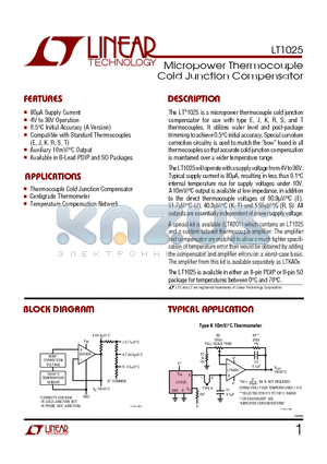 LT1025CS8 datasheet - Micropower Thermocouple Cold Junction Compensator