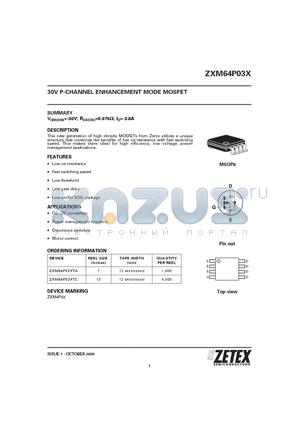 ZXM64P03X datasheet - 30V P-CHANNEL ENHANCEMENT MODE MOSFET