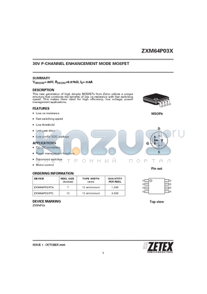 ZXM64P03XTA datasheet - 30V P-CHANNEL ENHANCEMENT MODE MOSFET